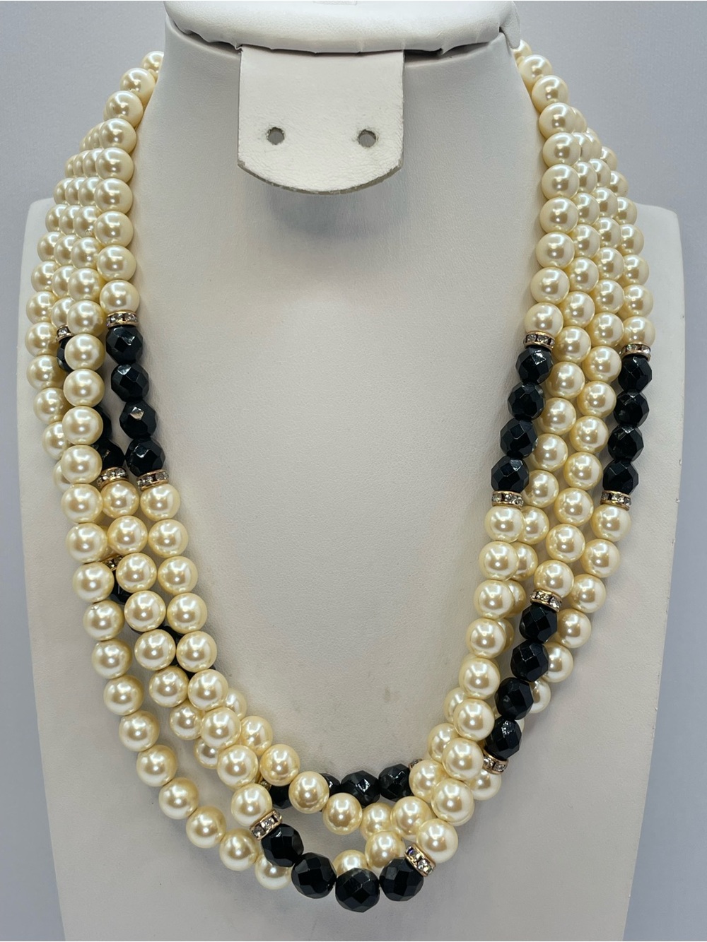 Vintage Carolee Faux Glass Pearl Black Crystal Multi Strand Necklace Statement